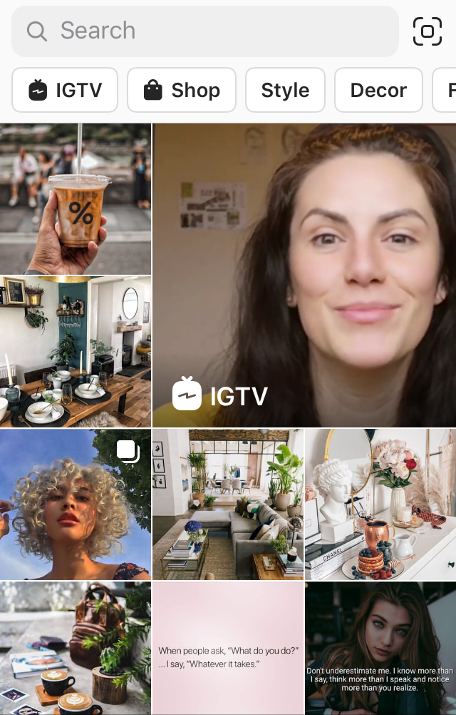 Instagram explore page featuring the IGTV button and IGTV content