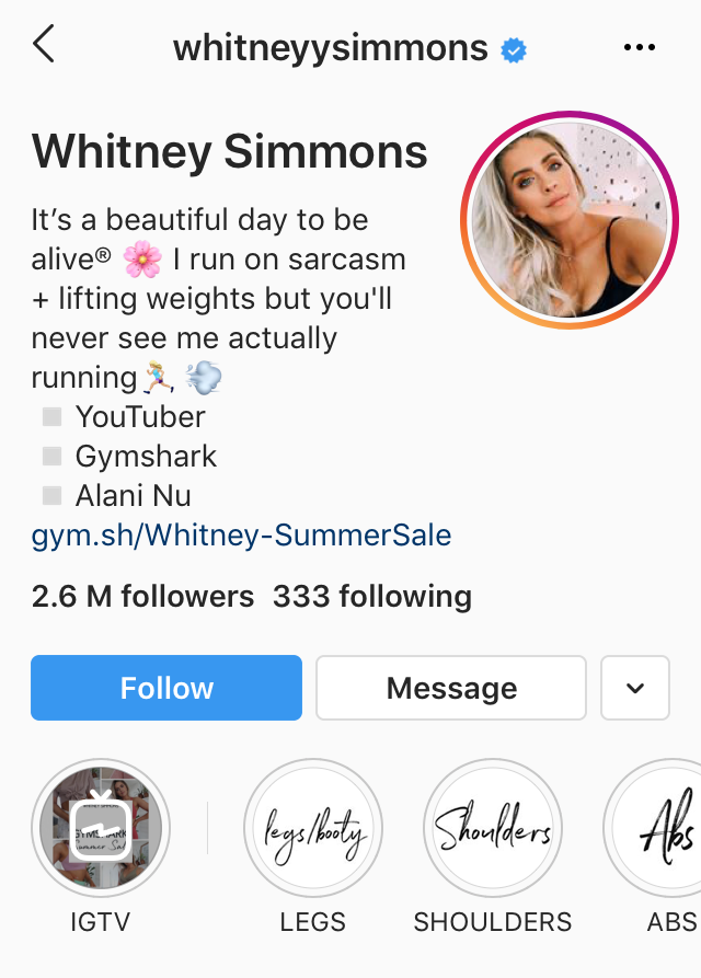 @whitneyysimmons featuring Gymshark in the profile bio and a link to Gymshark’s website