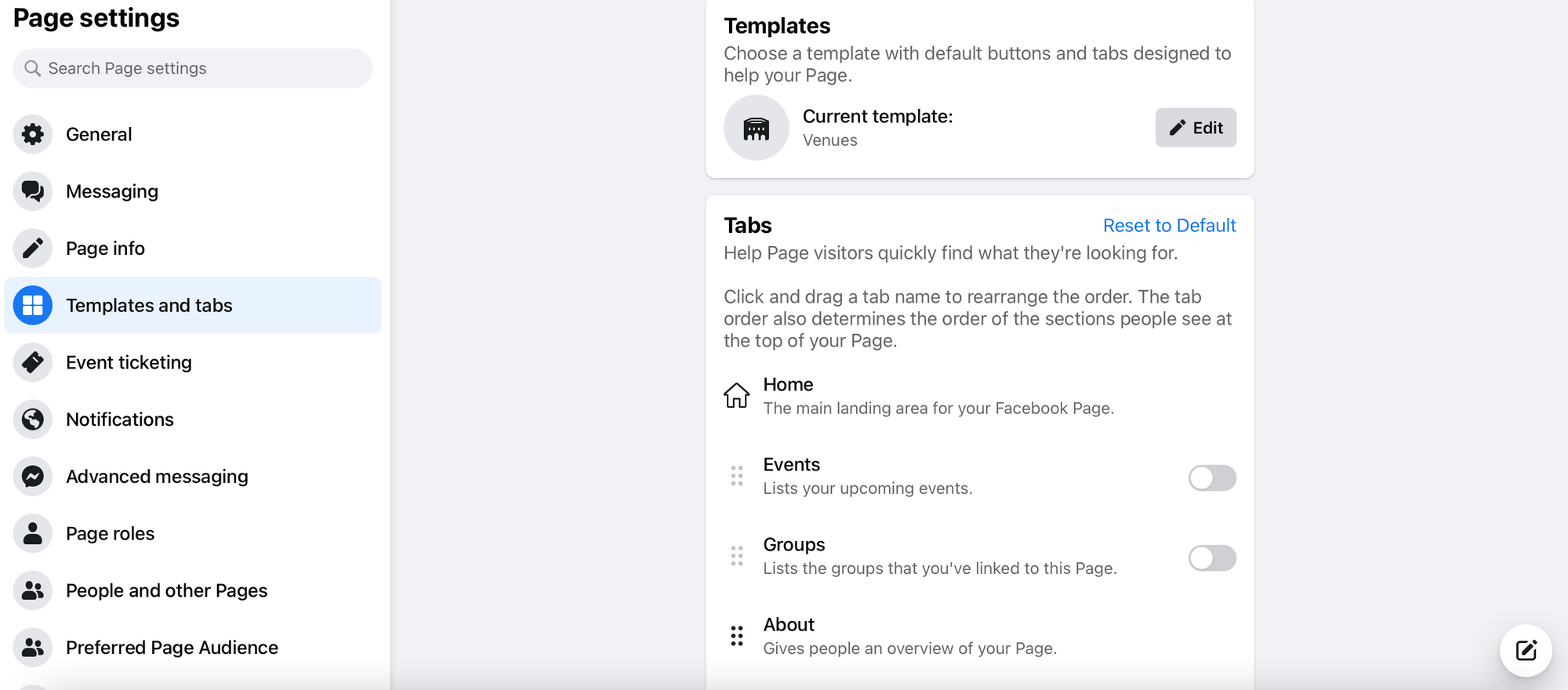 Customise Facebook page tabs in Templates and tabs in Page settings
