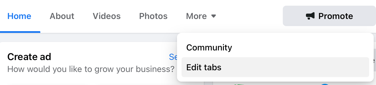 Change Facebook page tabs Page>More>Edit tabs