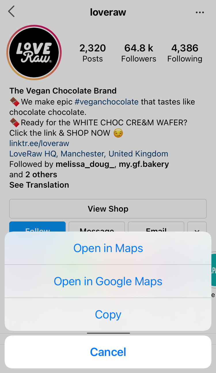 Address in bio on Instagram links to map apps on your phone
