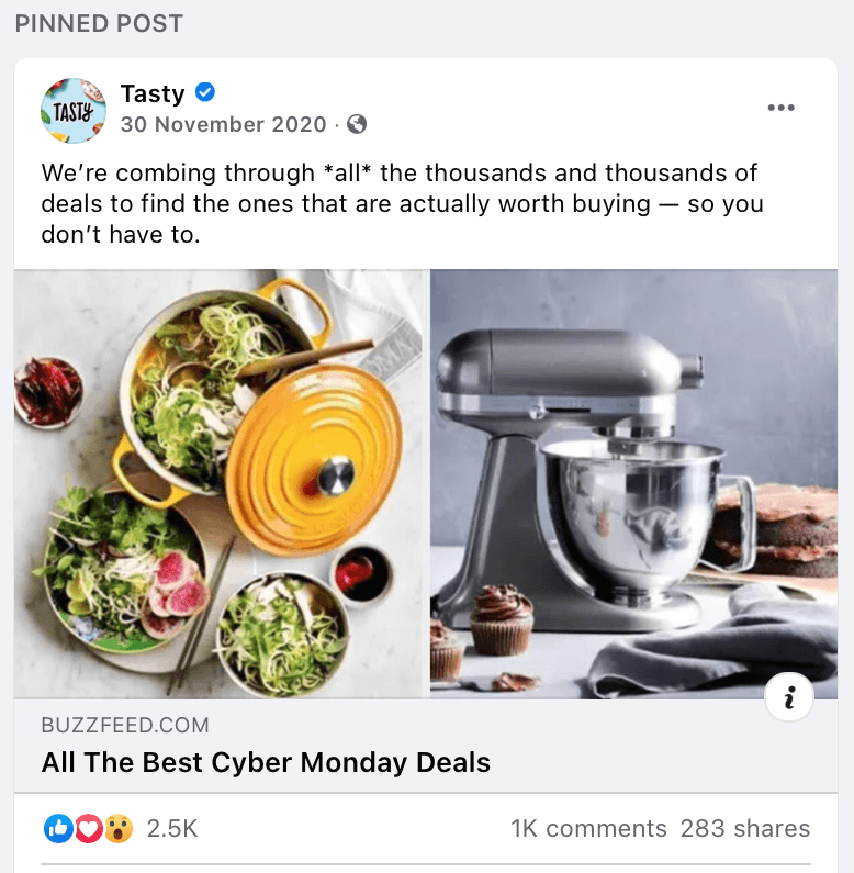 Pinned Facebook Post by Tasty to provide more value to the audience