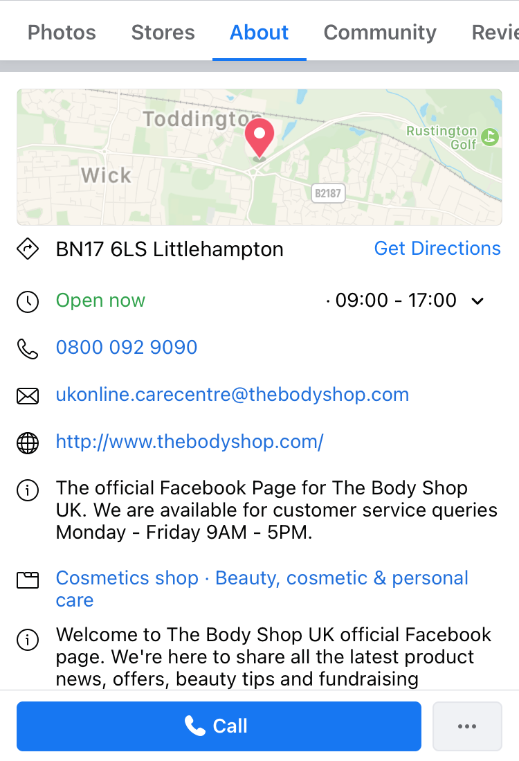 The Body Shop ‘About’ tab on their Facebook business page