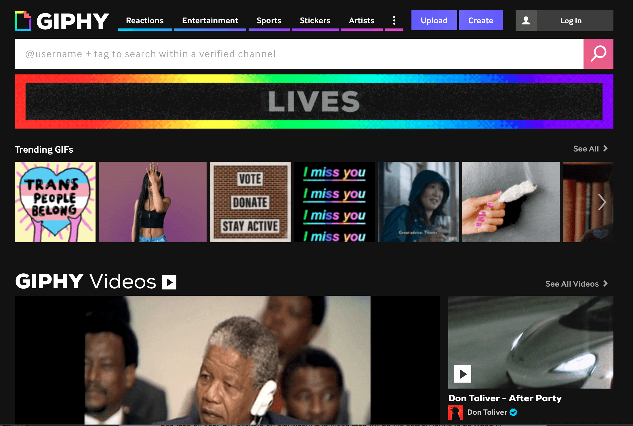 giphy.com homepage with Log In button in the top right-hand corner