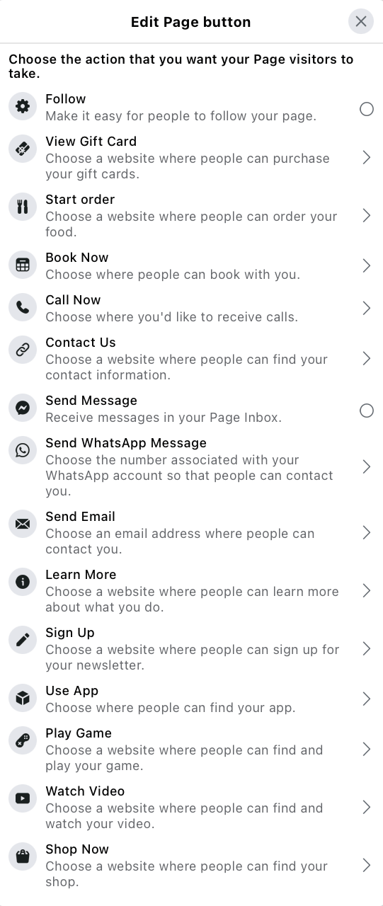 Choose a call to action (CTA) button for your Facebook business page