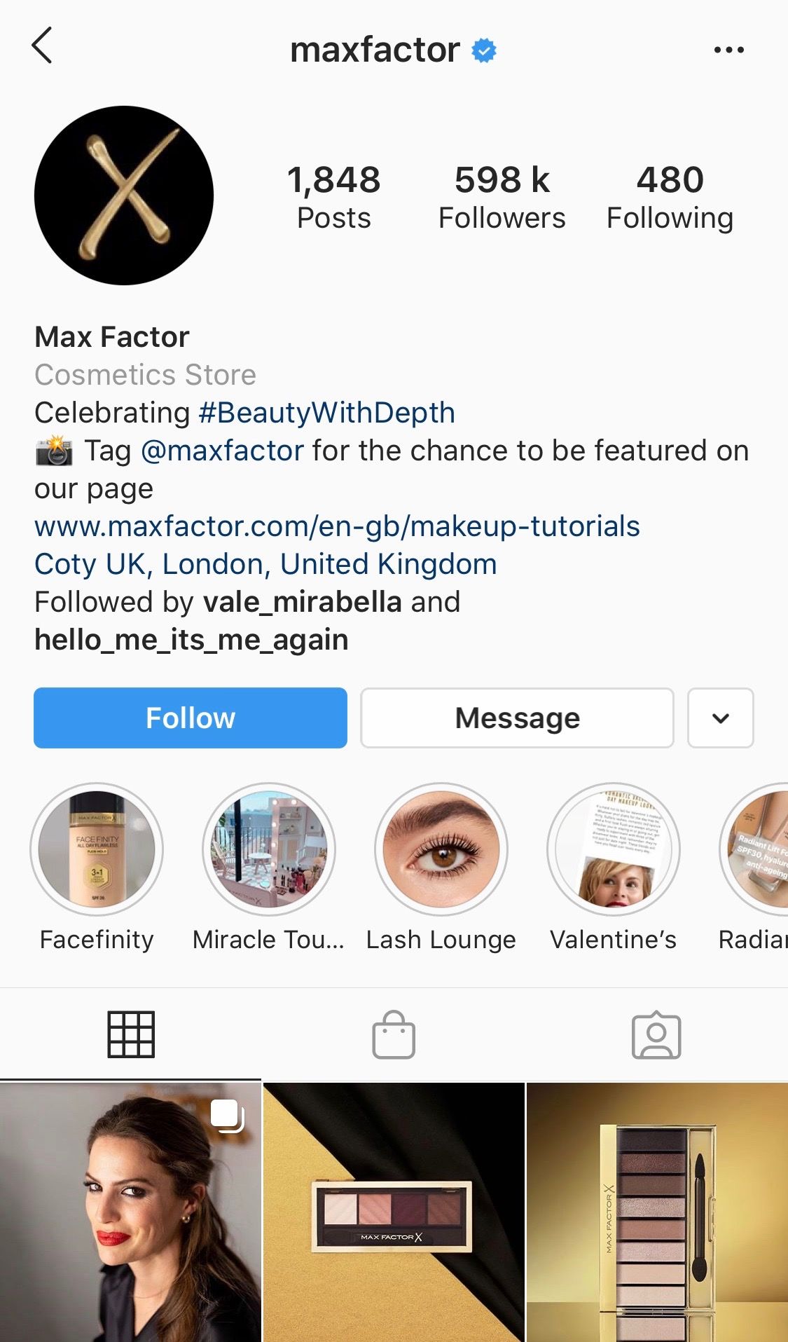 @maxfactor share their hashtag #BeautyWithDepth on their Instagram bio