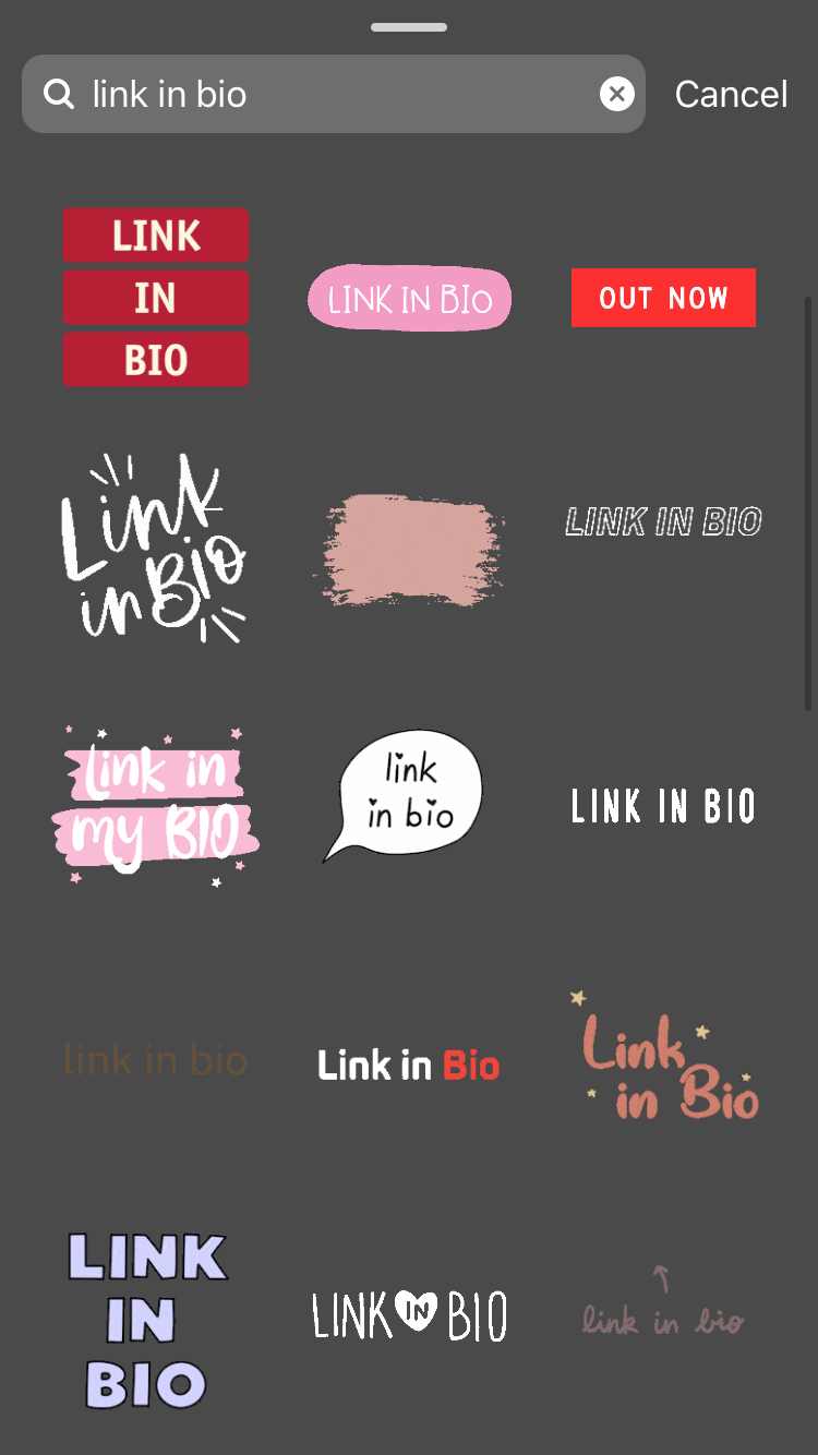 GIF stickers in the Instagram stories creator for the search term ‘link in bio’