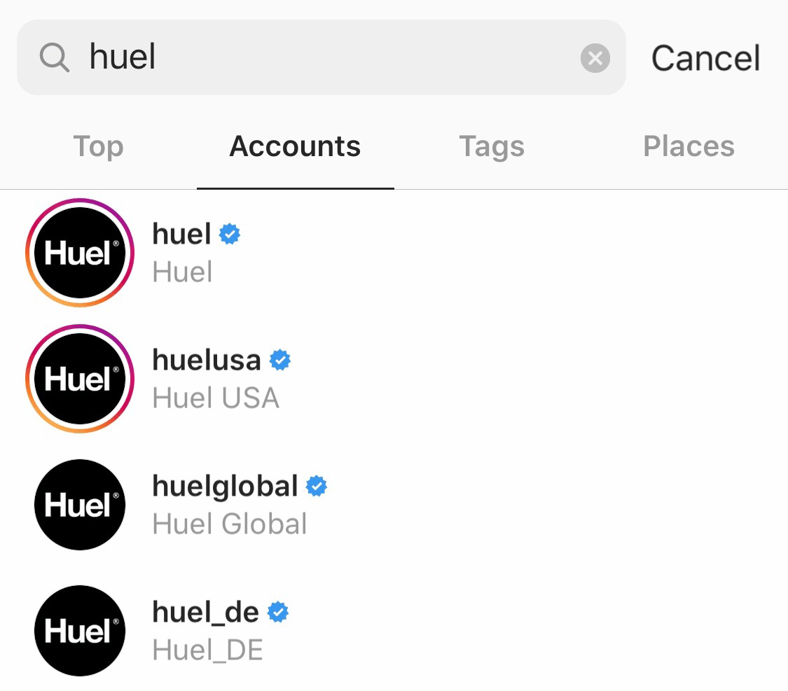 Huel verified Instagram accounts in the Instagram search function