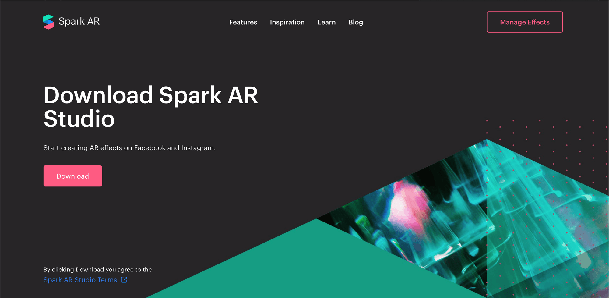 Spark AR Studio website where you can download augmented reality effects for Facebook and Instagram