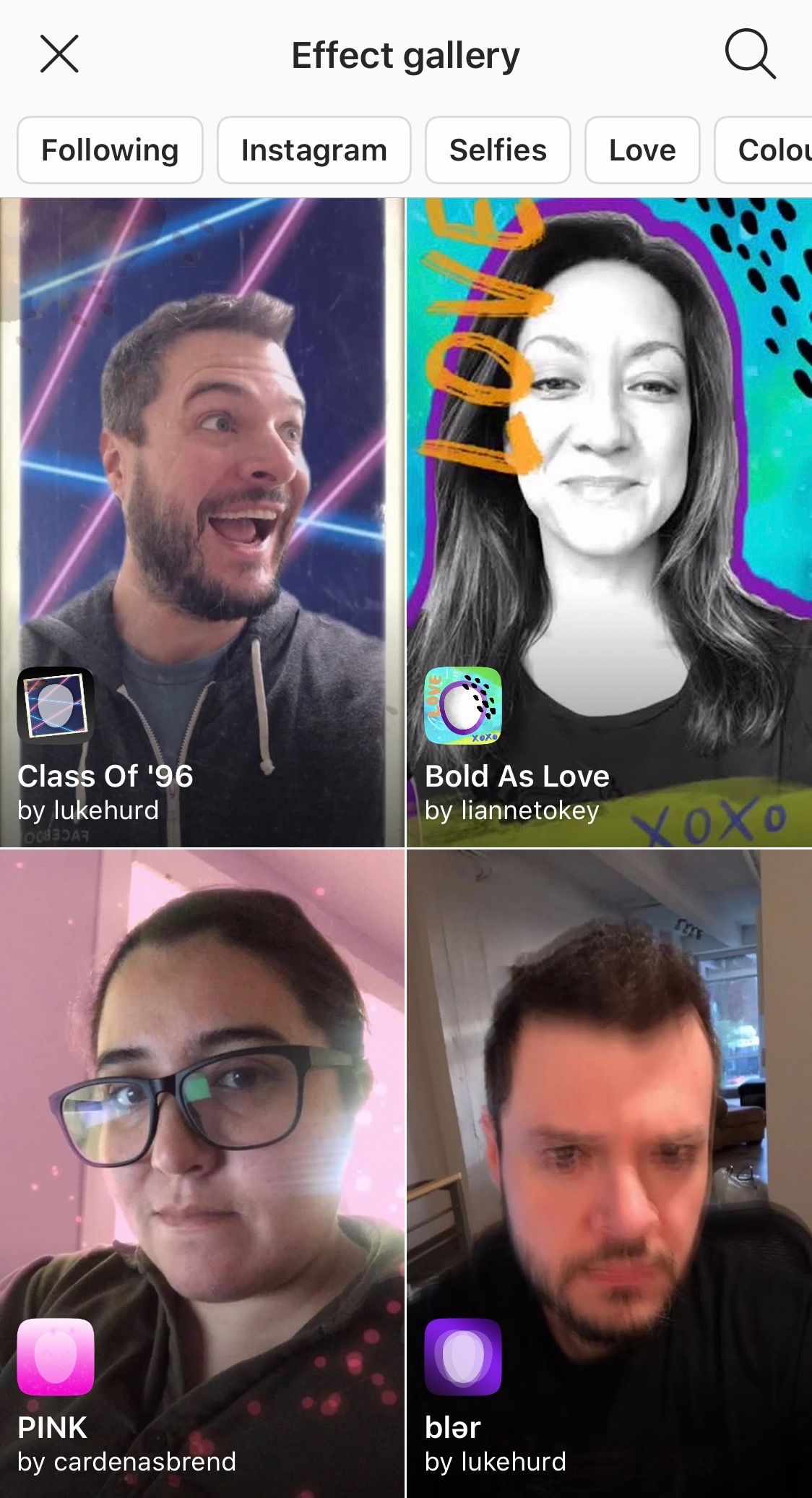 Effect gallery in Instagram stories for masks and filters