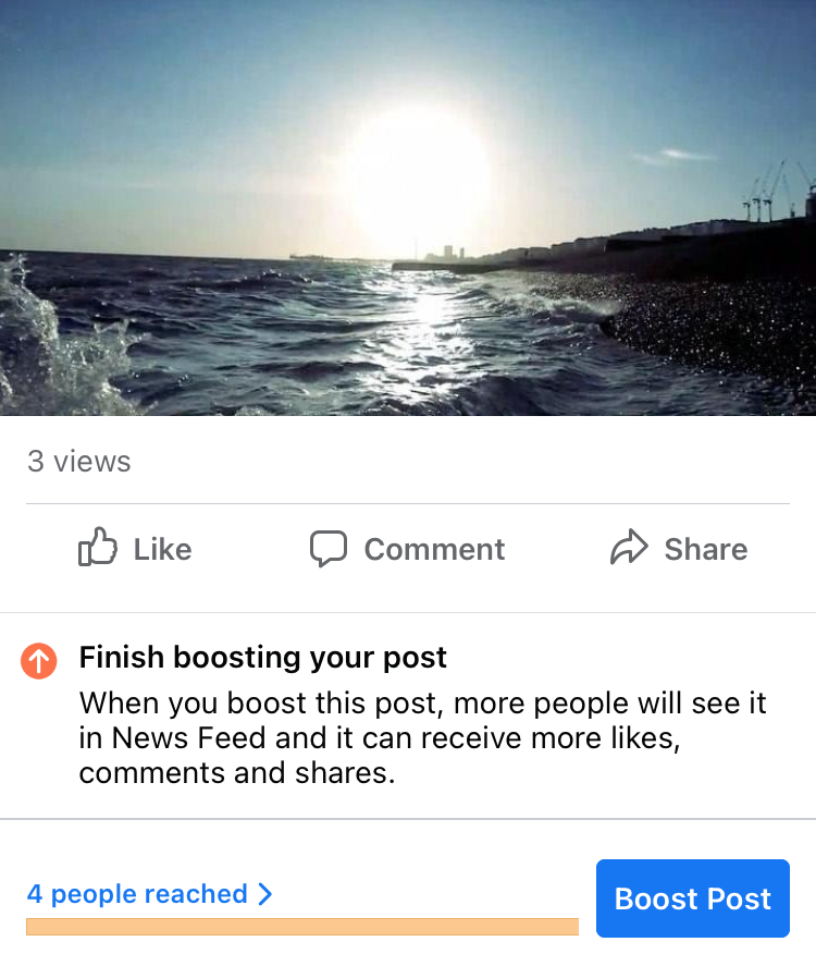 Boosting posts on Facebook business page Page>Post>Boost Post