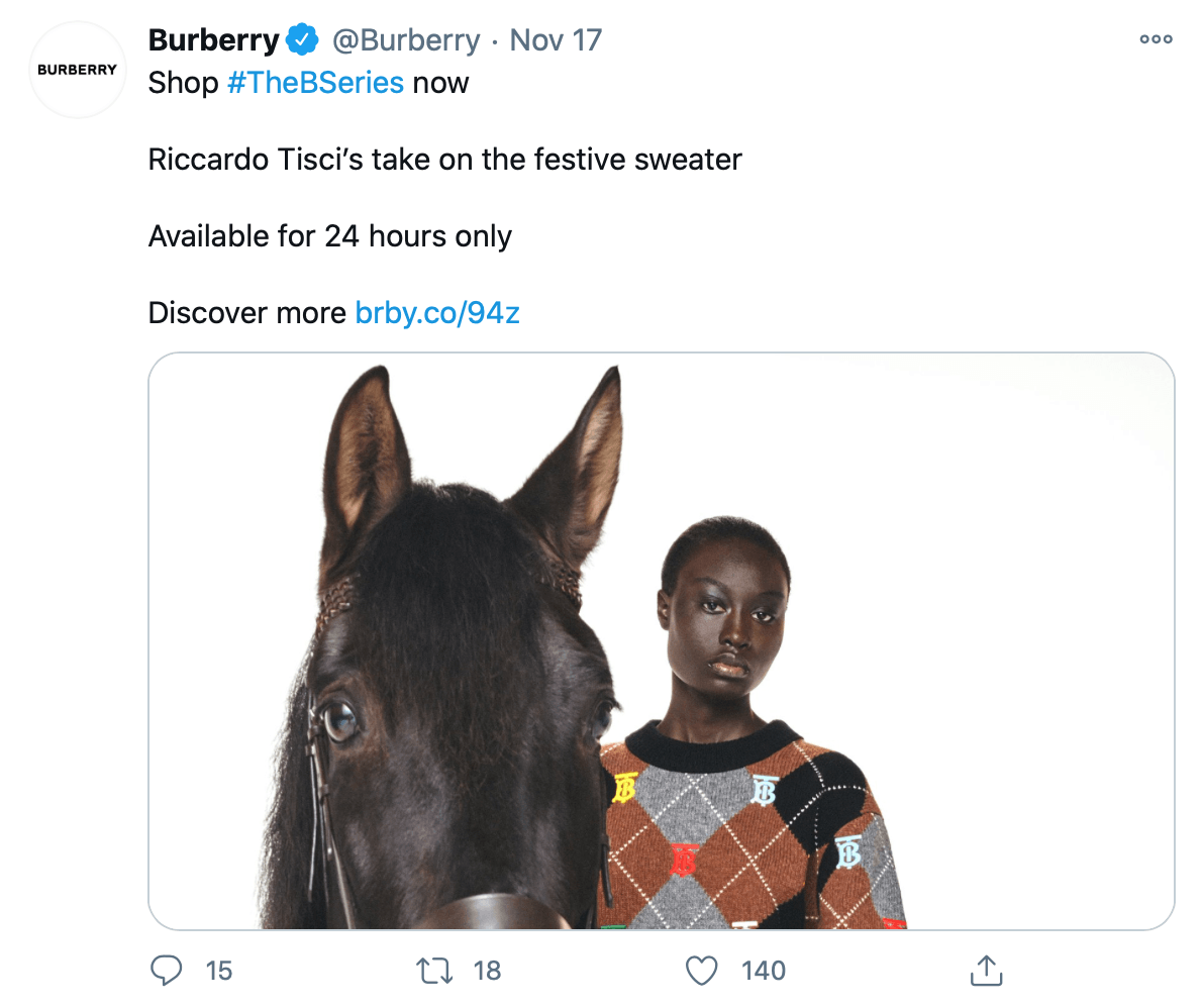 Tweet by @Burberry containing Twitter best practices