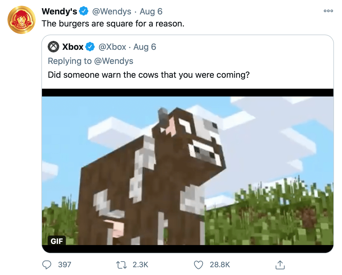 Tweet by @Wendys interacting with other businesses on Twitter