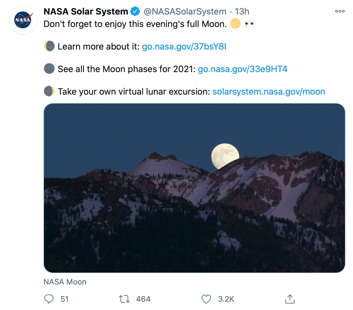 Tweet by @NASASolarSystem providing educational information and multiple links