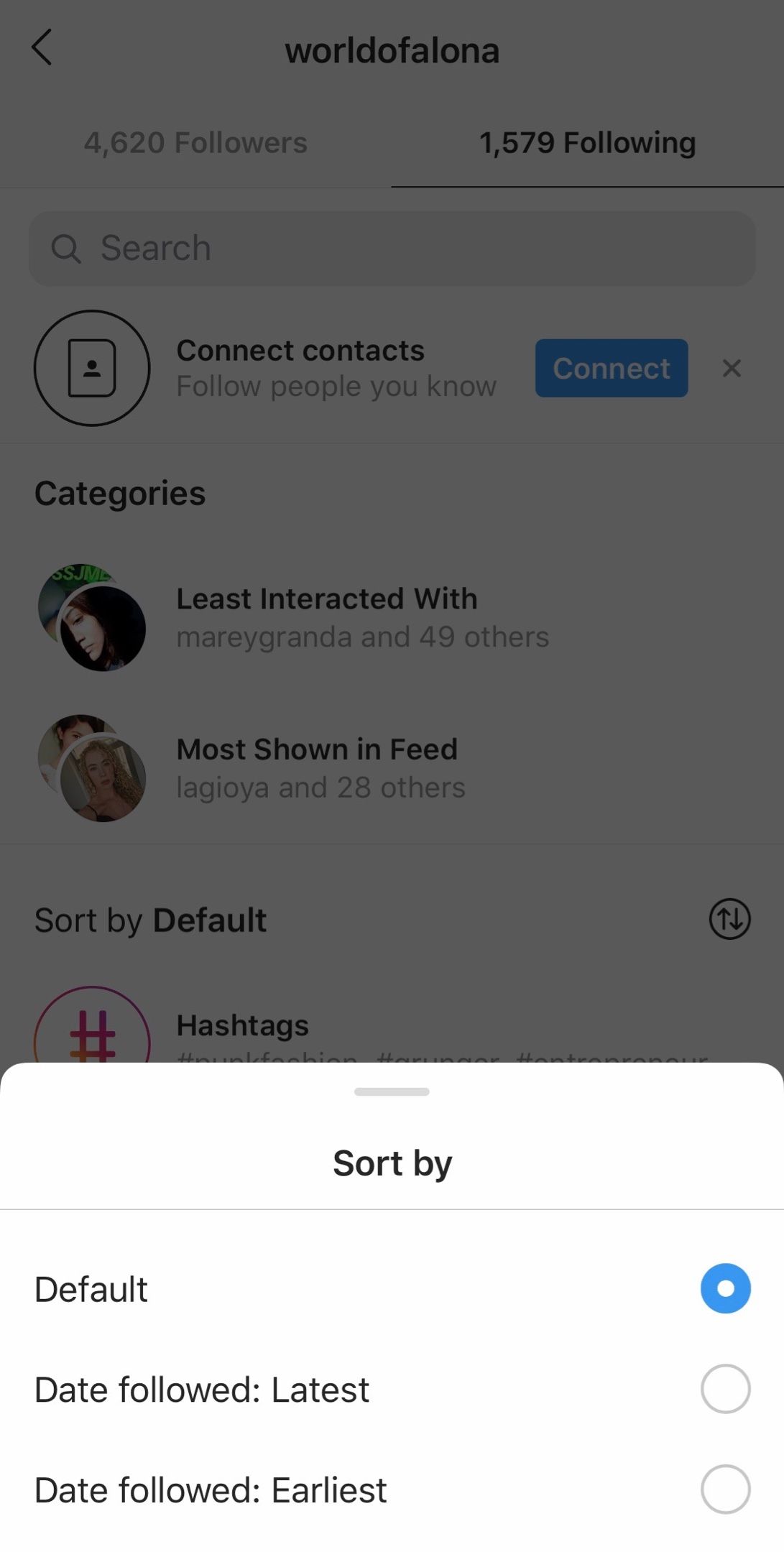 Sort Instagram 'following' list by default or date (latest or earliest)