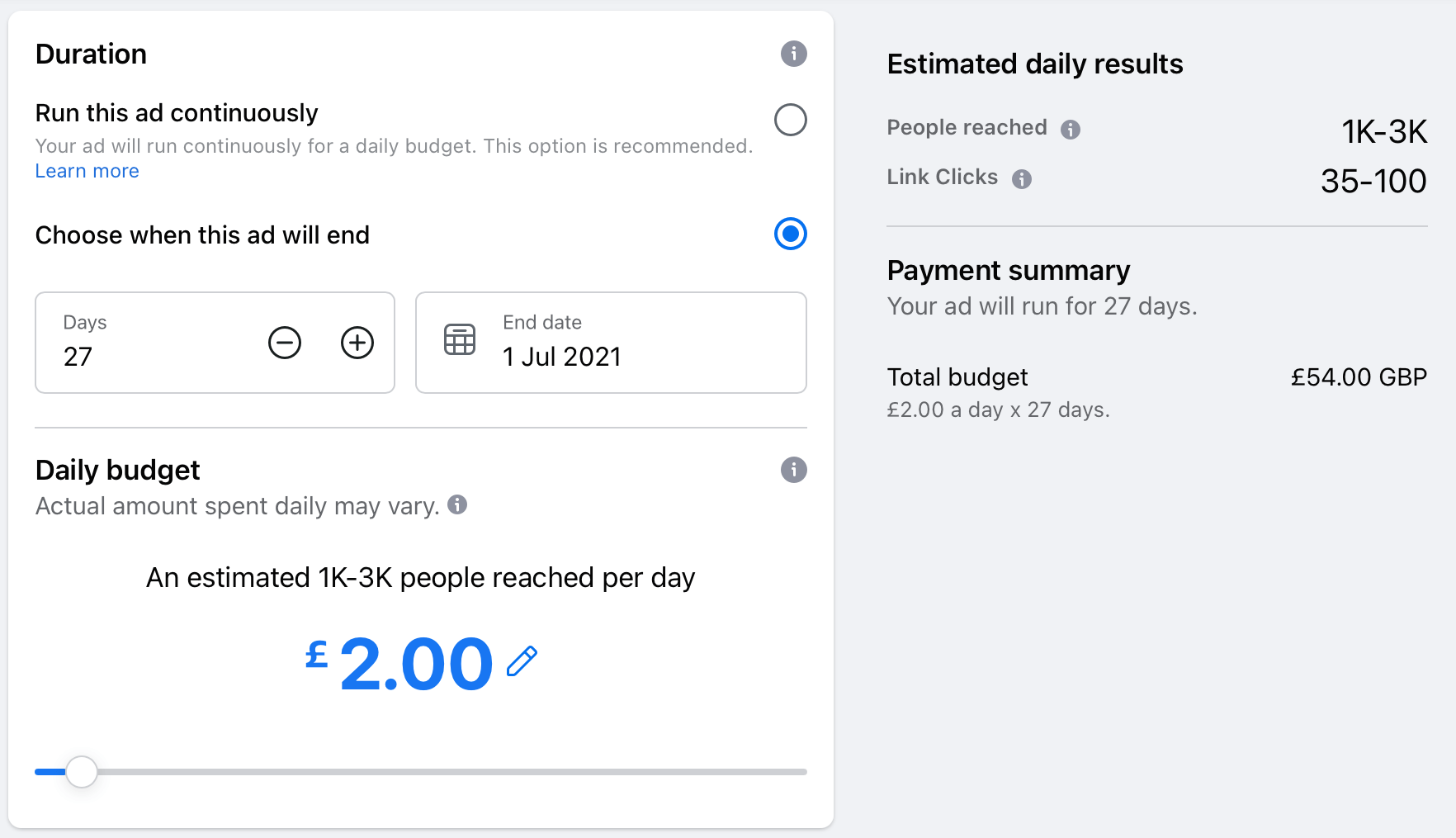 Choose your Facebook ad duration and daily budget