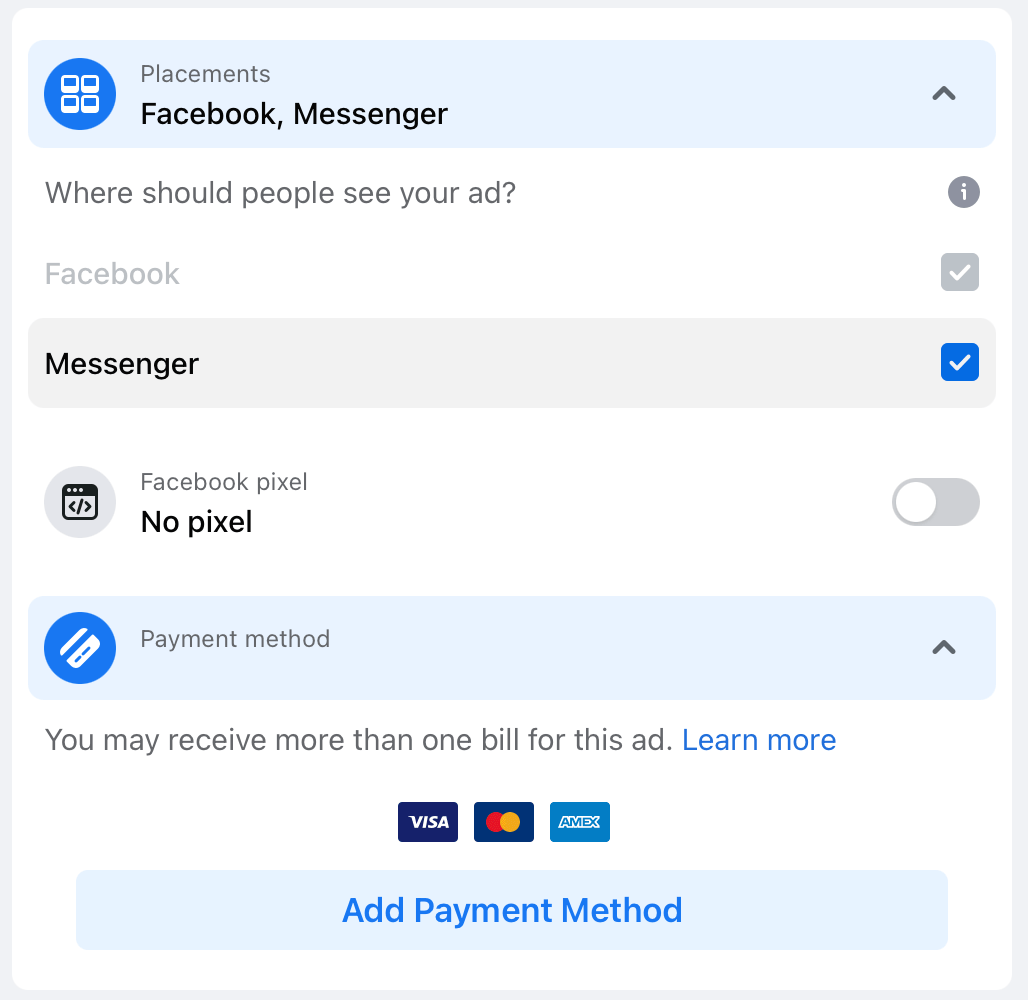 Toggle the Facebook pixel and add a payment method for your Facebook ad