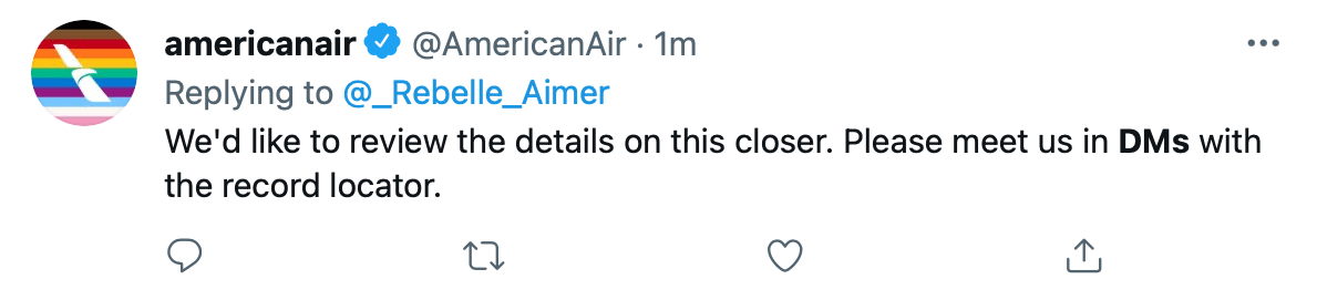 @americanair reviews customer details via DM on Twitter