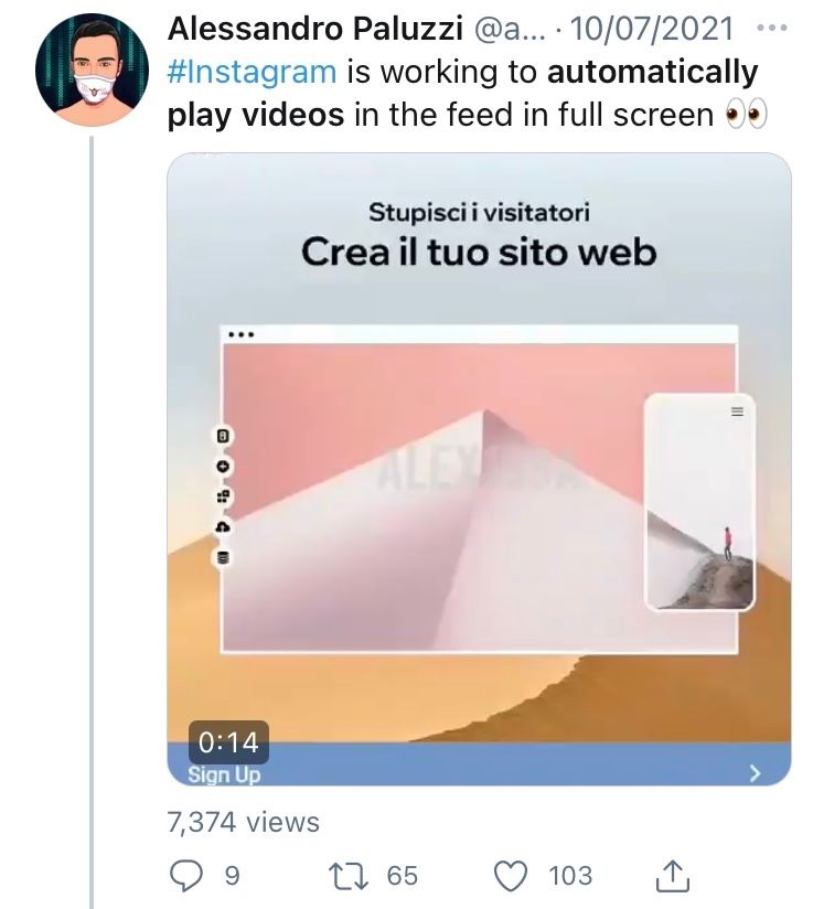 Tweet by @alex193a featuring Instagram's test of playing videos full screen from the main feed