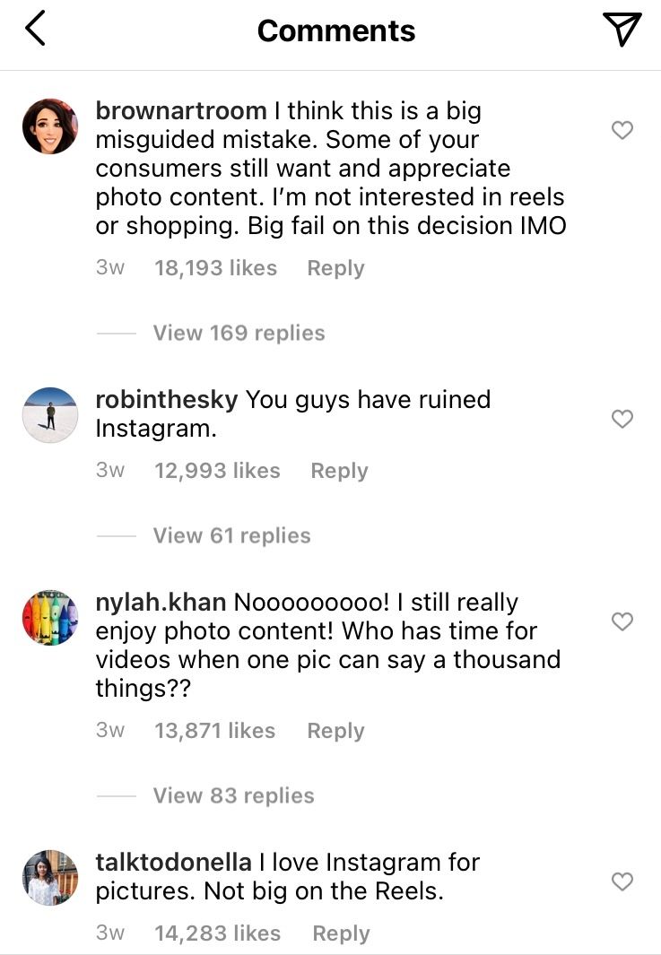 Comments on the @mosseri (head of Instagram) announcement to develop video options