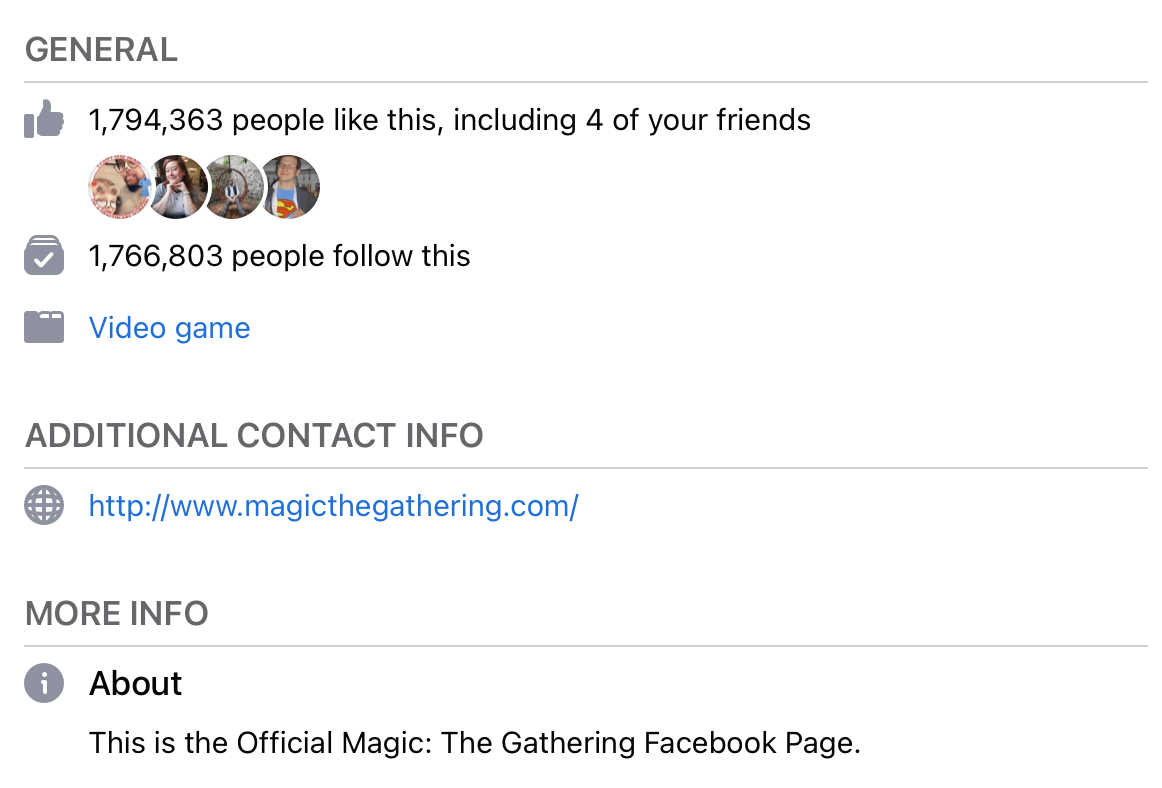 About Page info on the Magic: The Gathering Facebook page