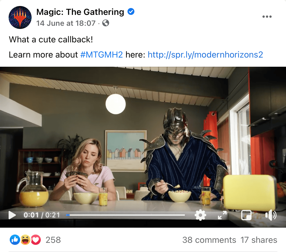 Facebook post by Magic: The Gathering including a hashtag, link, CTA and cue to view media