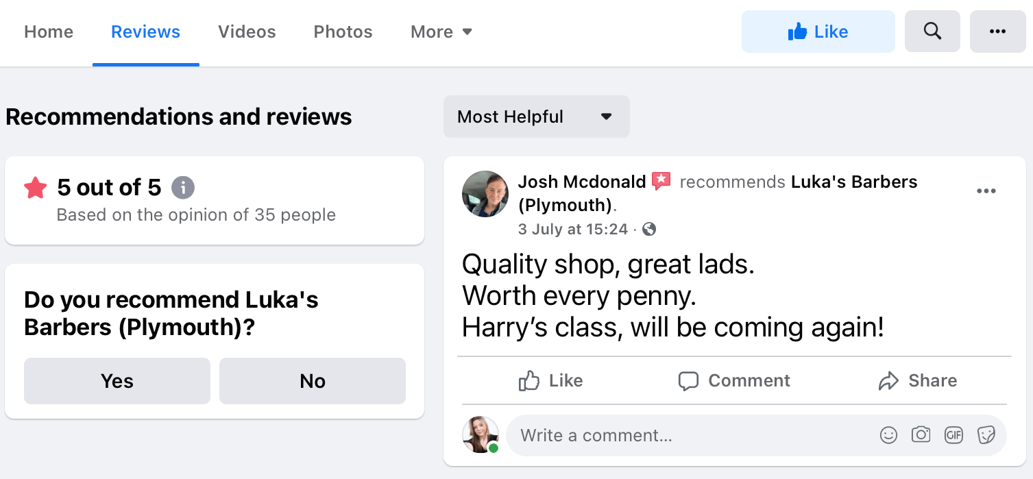 Reviews tab on the Luka’s Barbers (Plymouth) Facebook page