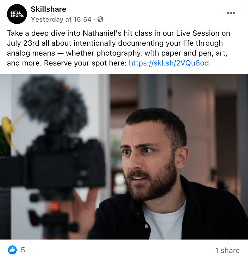 Post on the Skillshare Facebook page featuring YouTuber Nathaniel Drew