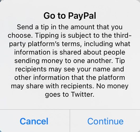 Notice from Twitter when sending money via a tip jar