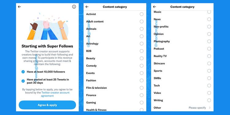 Image by @wongmjane of the application process for super follows on Twitter