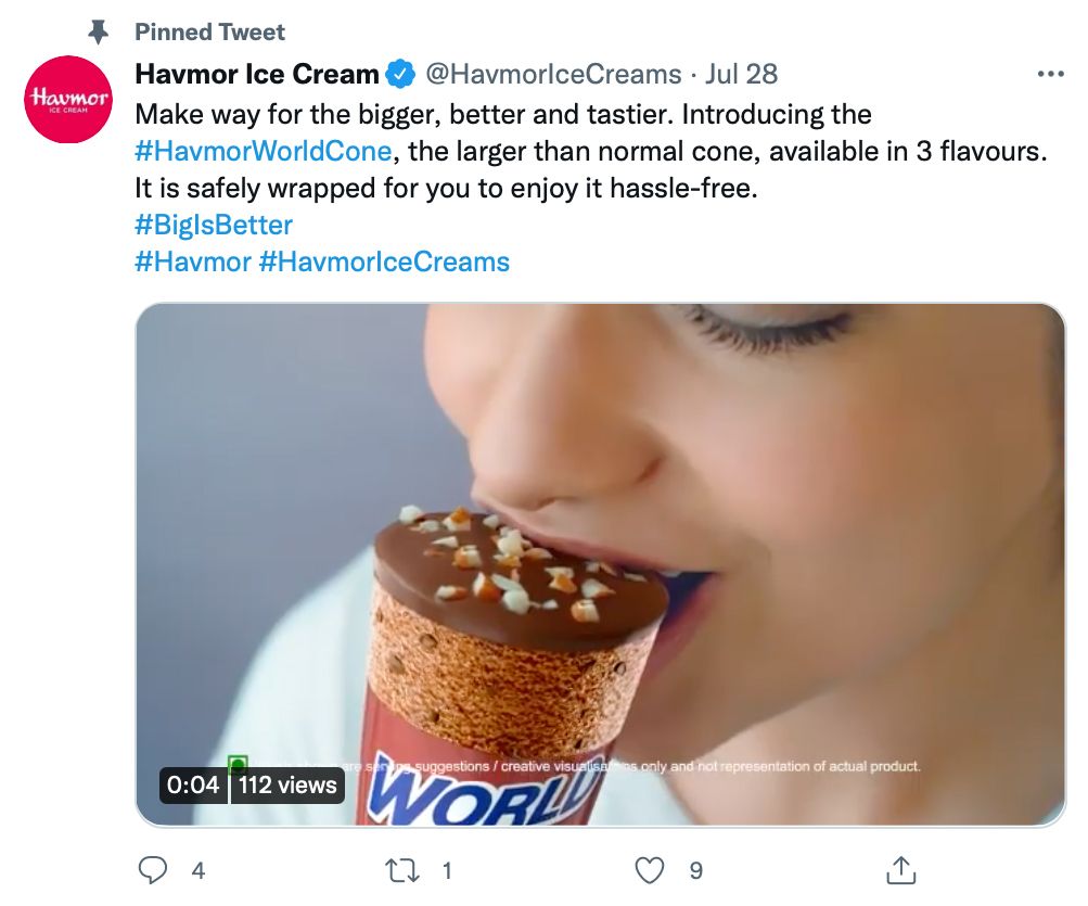 Pinned tweet by @HavmorIceCreams includes video media and hashtags - pinned tweet ideas