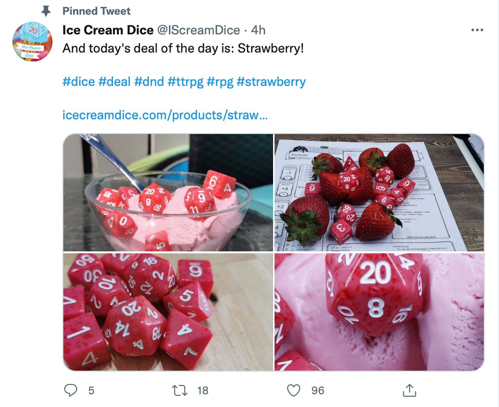 Pinned tweet by @IScreamDice reveals a deal of the day and includes hashtags and a link - pinned tweet ideas