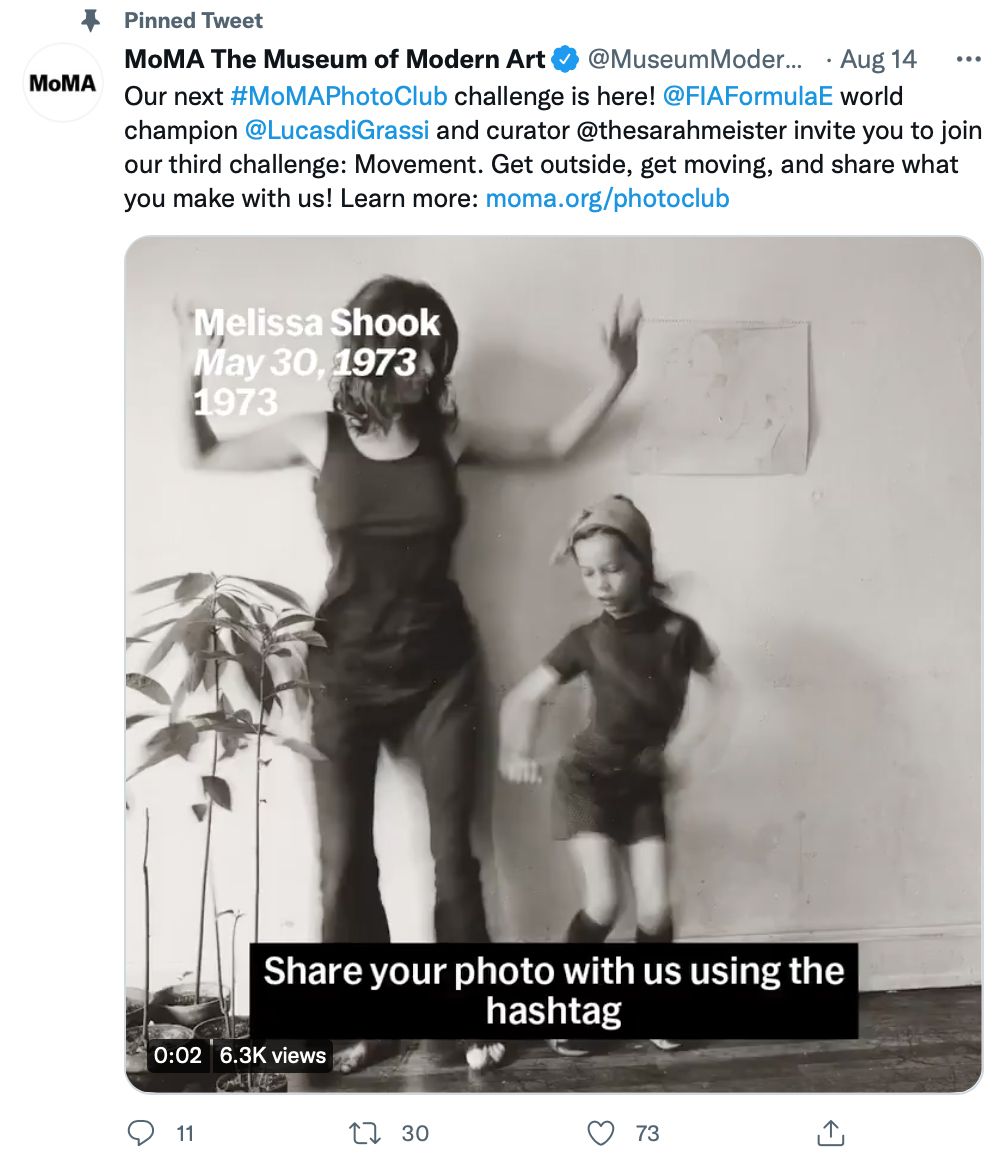 Pinned tweet by @MuseumModernArt encourages involvement from the audience - pinned tweet ideas