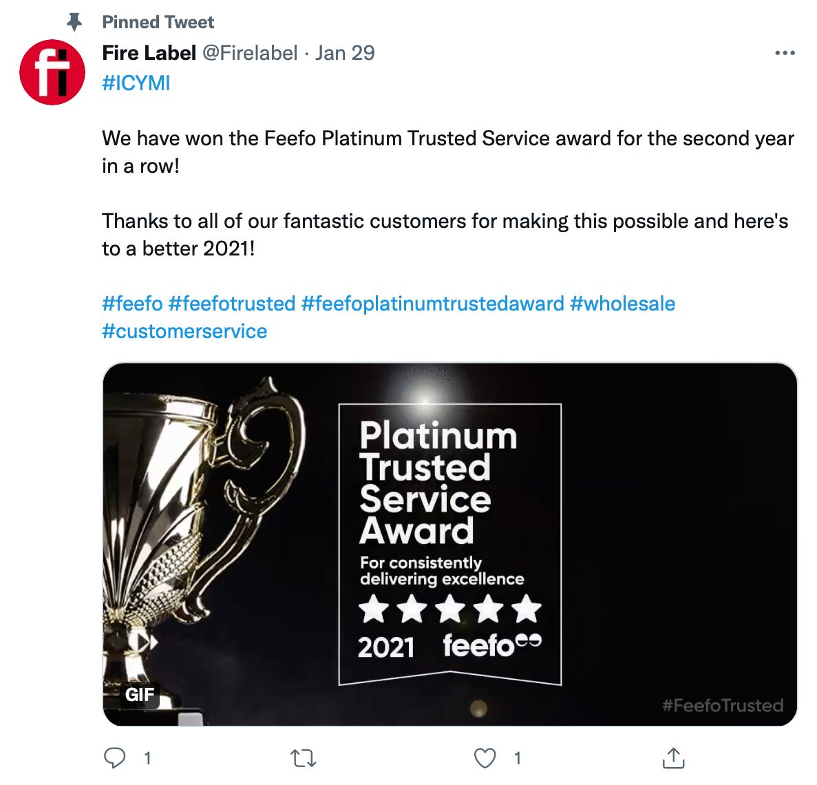 Pinned tweet by @Firelabel shows award and includes hashtags - pinned tweet ideas