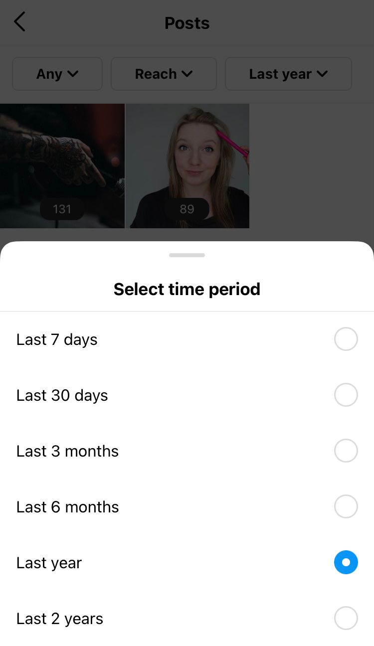 Post data available via the in-app insights by Instagram in set time frames up to the last 2 years