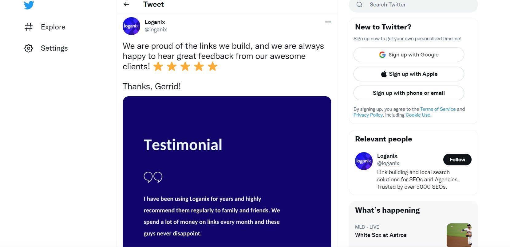Tweet by @Loganix sharing a positive review