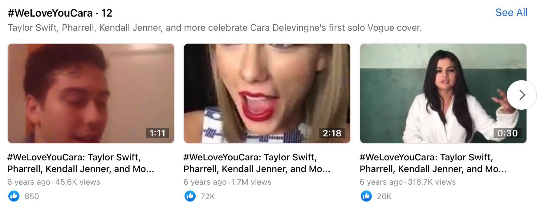 Facebook video playlist for the hashtag ‘#WeLoveYouCara’ by @Vogue