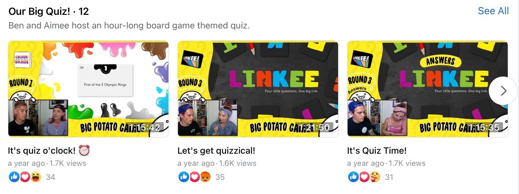 Facebook video playlist for long-form live streams of ‘Our Big Quiz!’ by @bigpotatogames