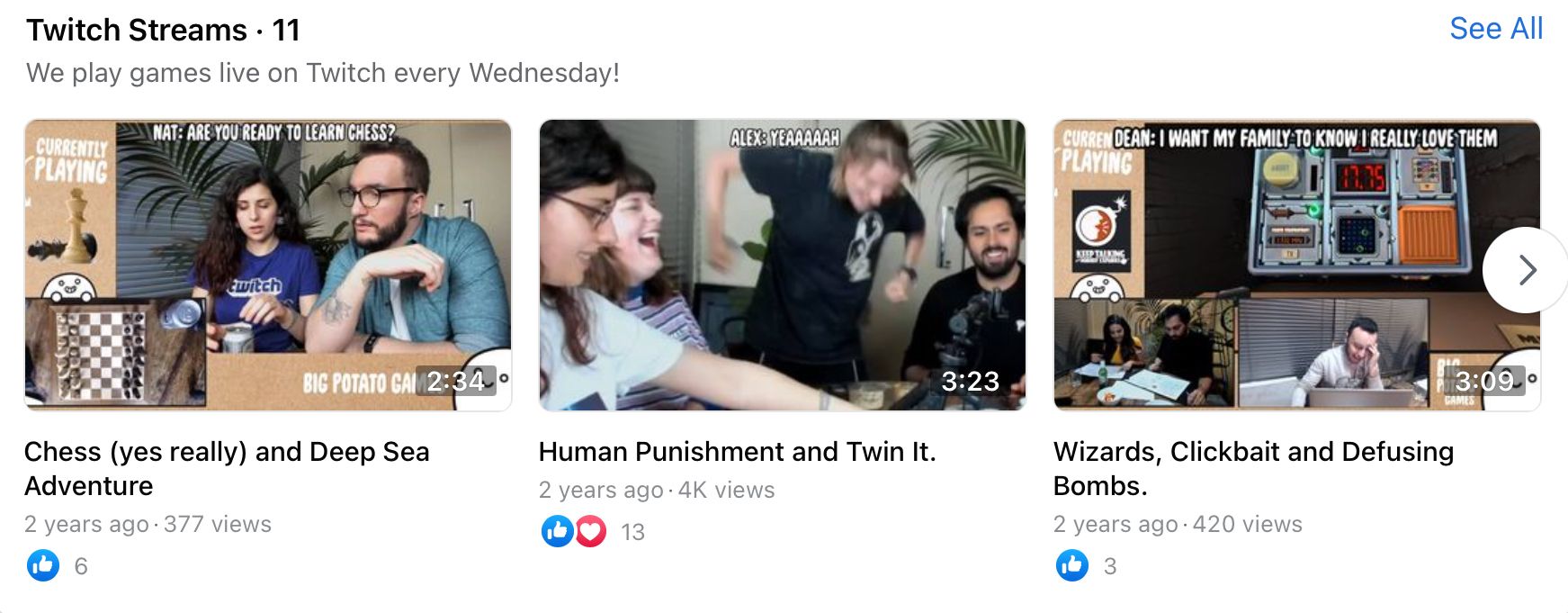 Facebook video playlist showcasing the Twitch platform with ‘Twitch Streams’ by @bigpotatogames