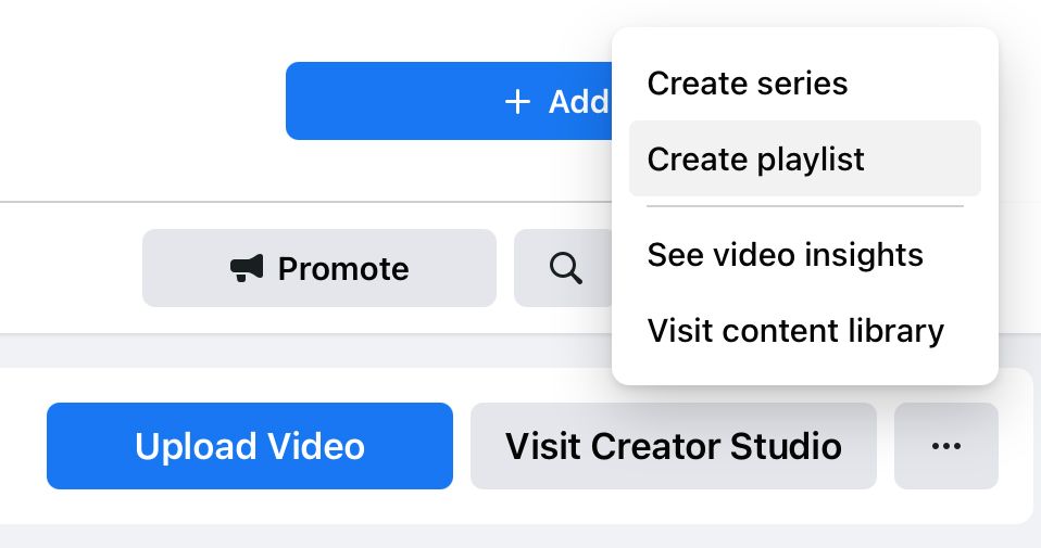 In the video tab, select the three dots on the right-hand side and click ‘Create playlist’ for Facebook playlist creation