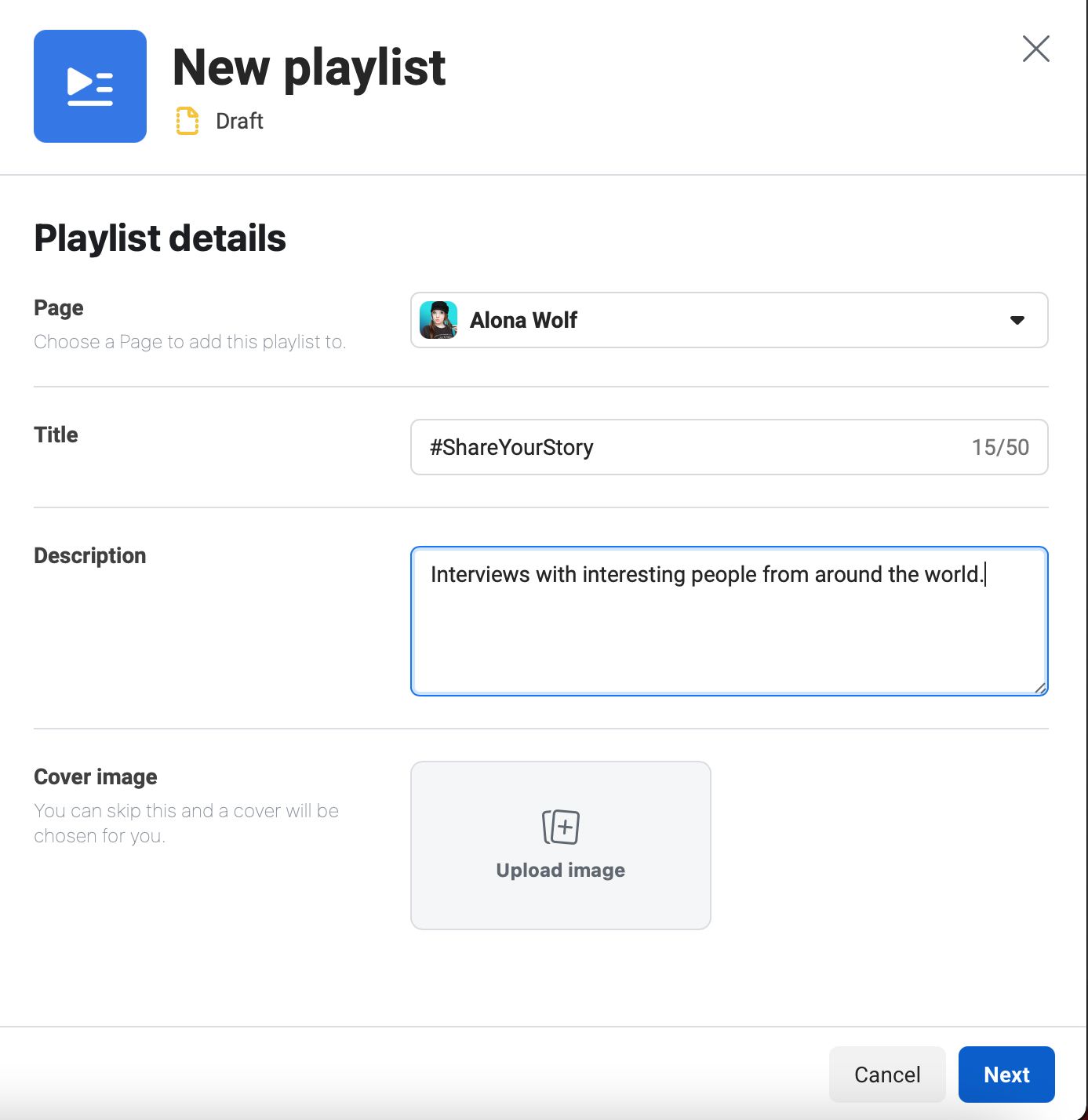 Select the page, add a title, description and cover image for Facebook playlist creation