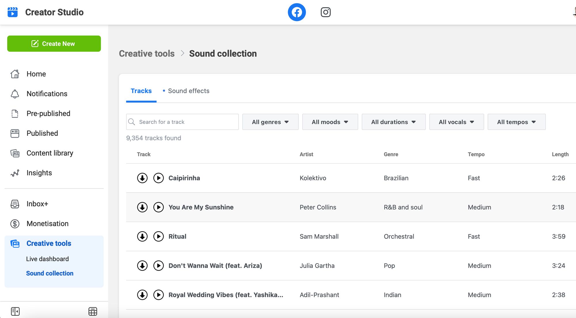 Facebook Creator Studio is home to over 9,000 tracks for use in Facebook content creation