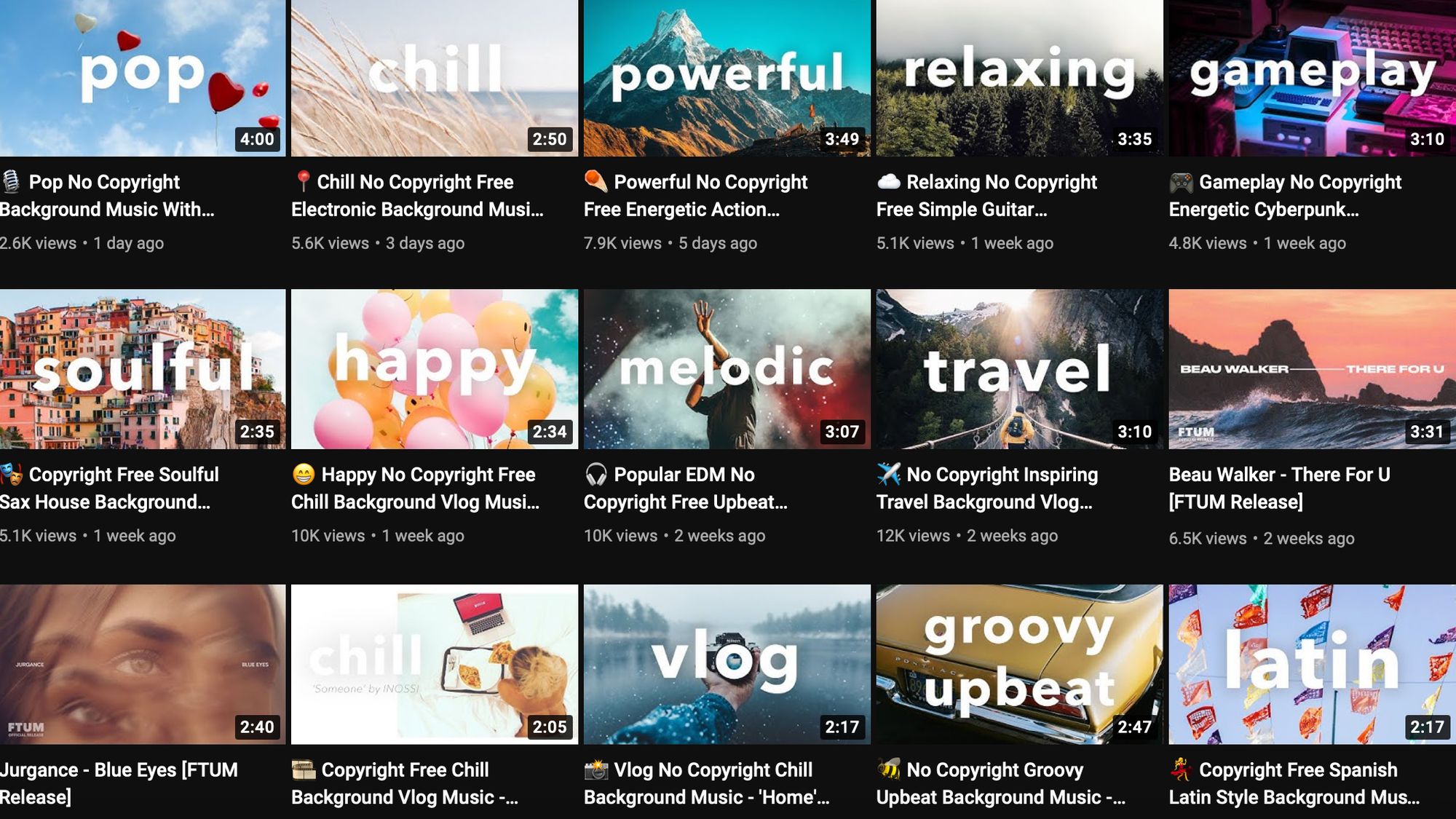 YouTube videos of No Copyright Background Music featuring free royalty-free, no copyright music for social media content