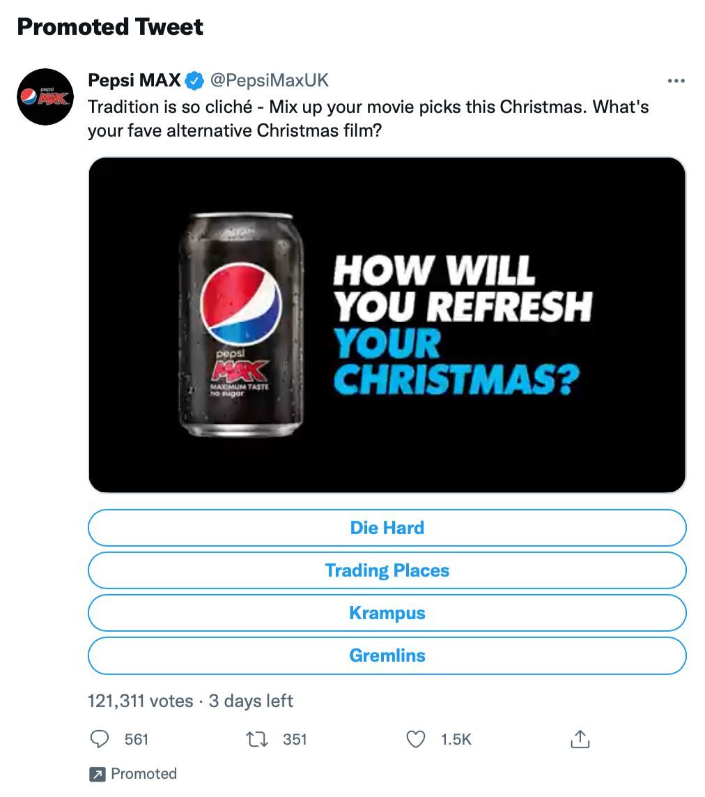 Promoted tweet by @PepsiMaxUK including seasonal holiday poll as part of the advertisement