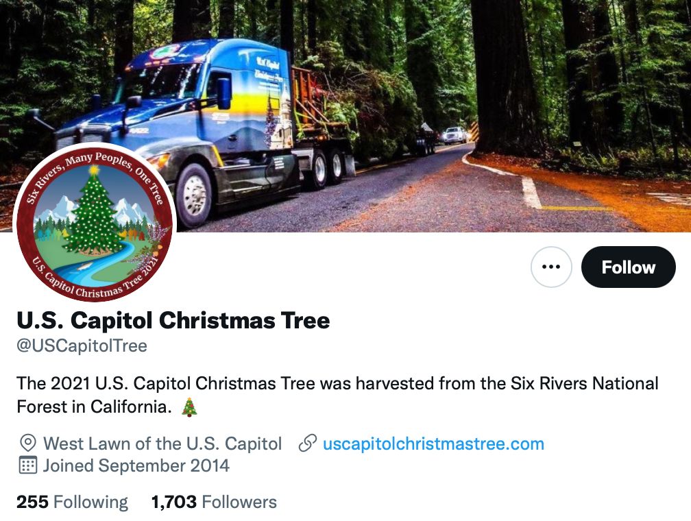 Top Christmas Twitter profile U.S. Capitol Christmas Tree @USCapitolTree