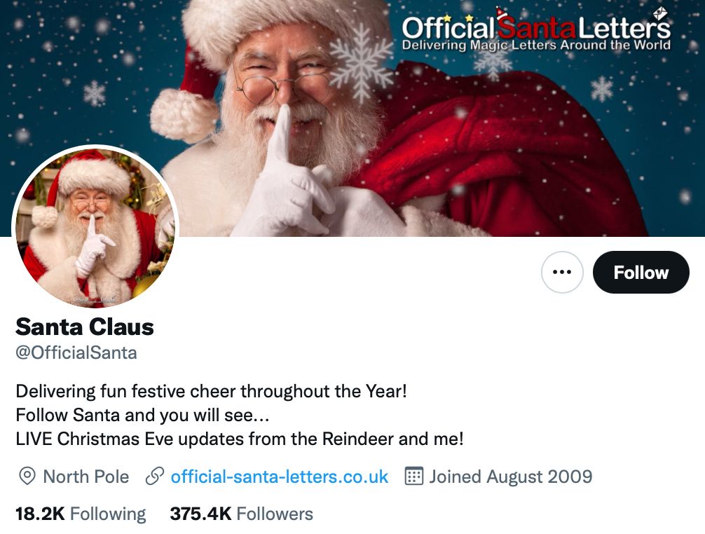 Top Christmas Twitter profile Santa Claus @OfficialSanta