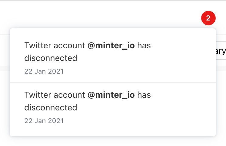 Disconnects notifications area for social profiles at Minter.io