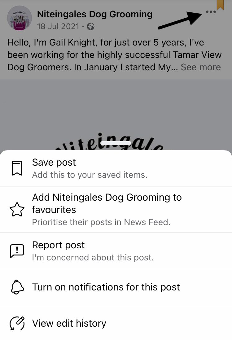Save posts on Facebook by selecting the 3 dots in the top right-hand side of the post