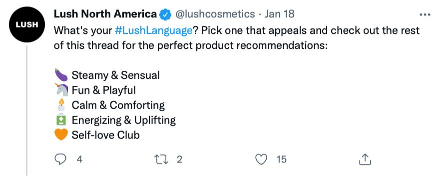 Add some humour to your hashtags with puns like @lushcosmetics to humanise your brand