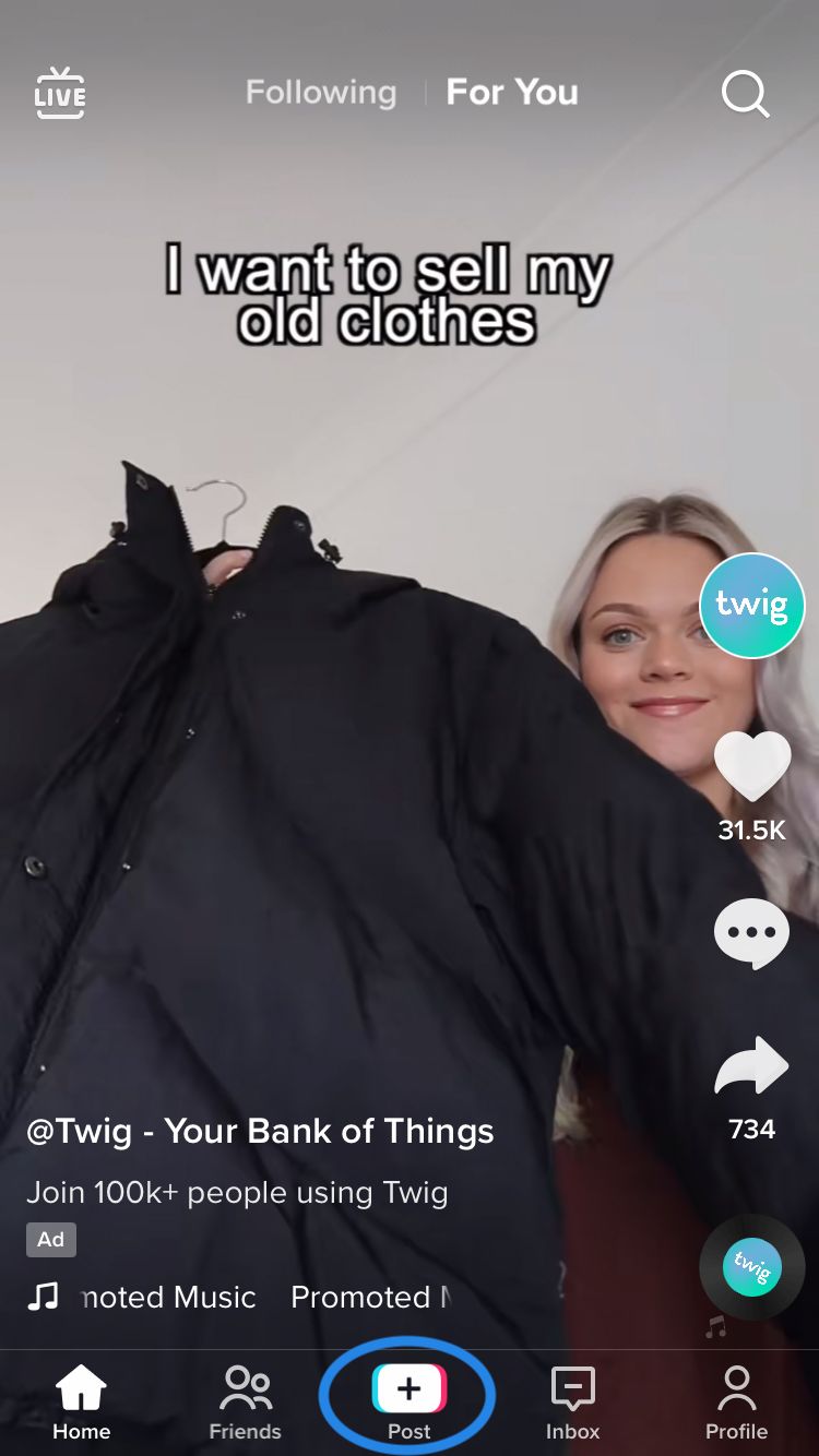 Select the ‘Post’ (+) button from the bar at the bottom of the screen when you open TikTok